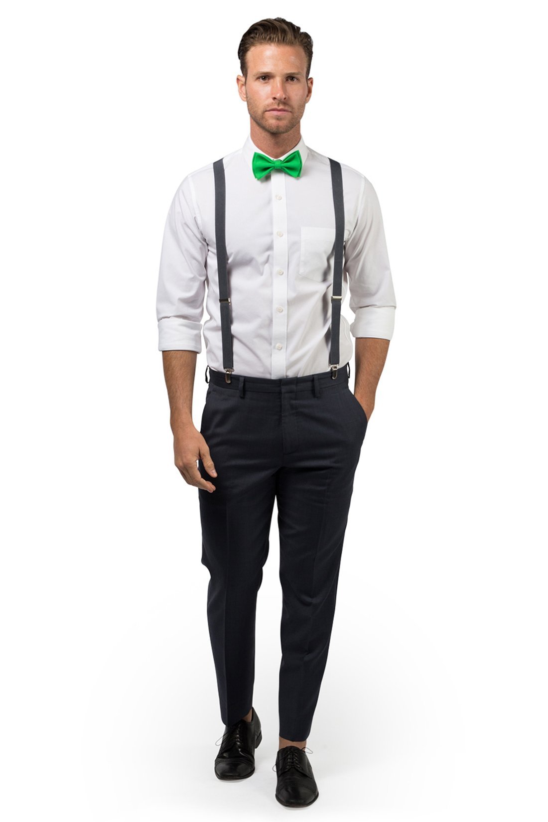 Charcoal Suspenders & Green Bow Tie