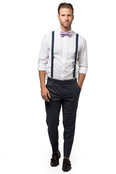 Navy Suspenders & Gingham Purple Bow Tie