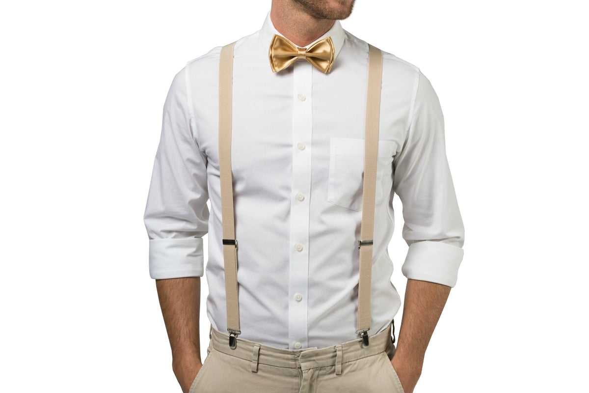 Beige Suspenders &amp; Gold Bow Tie