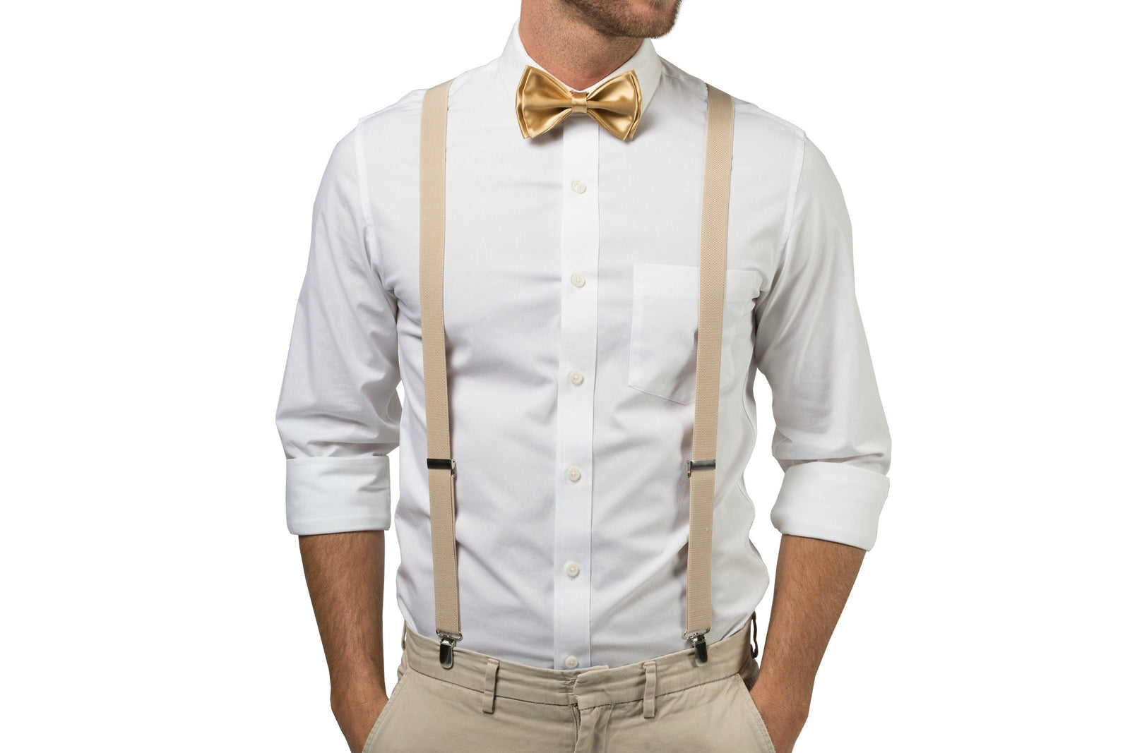 Beige Suspenders & Gold Bow Tie