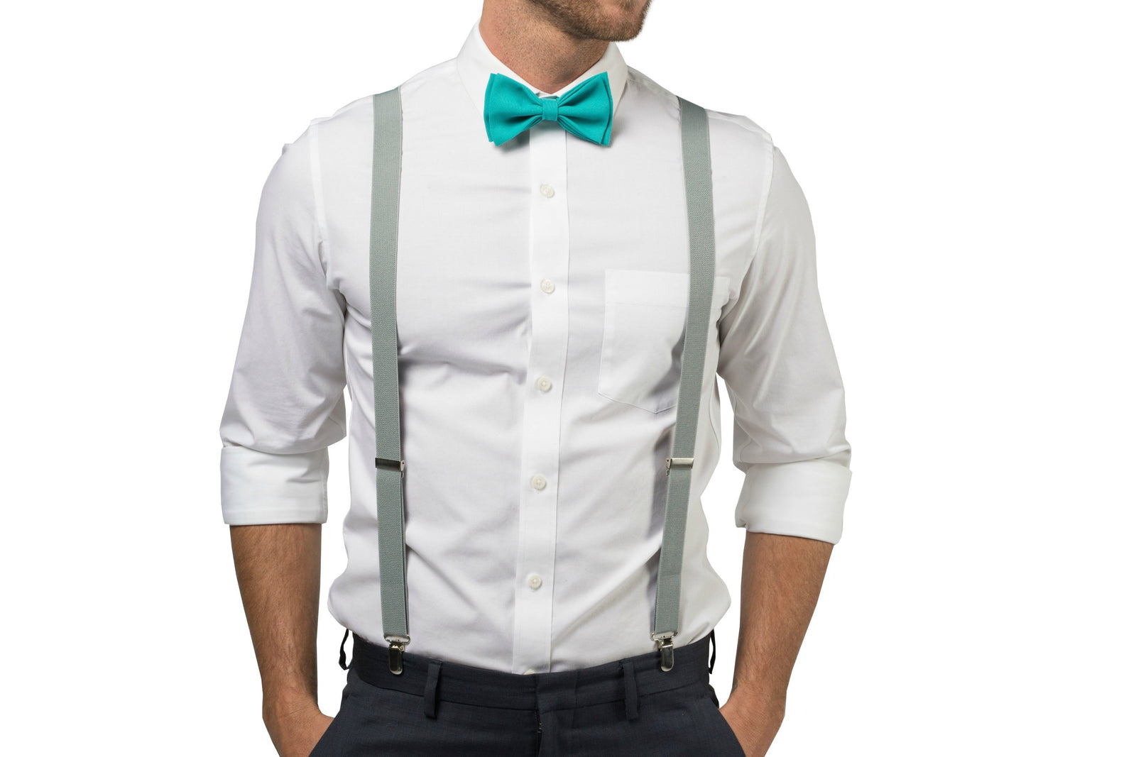 Light Gray Suspenders & Jade Bow Tie