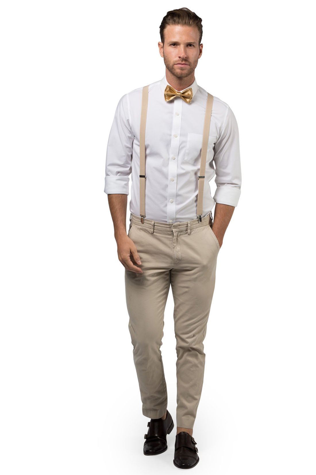 Beige Suspenders &amp; Gold Bow Tie