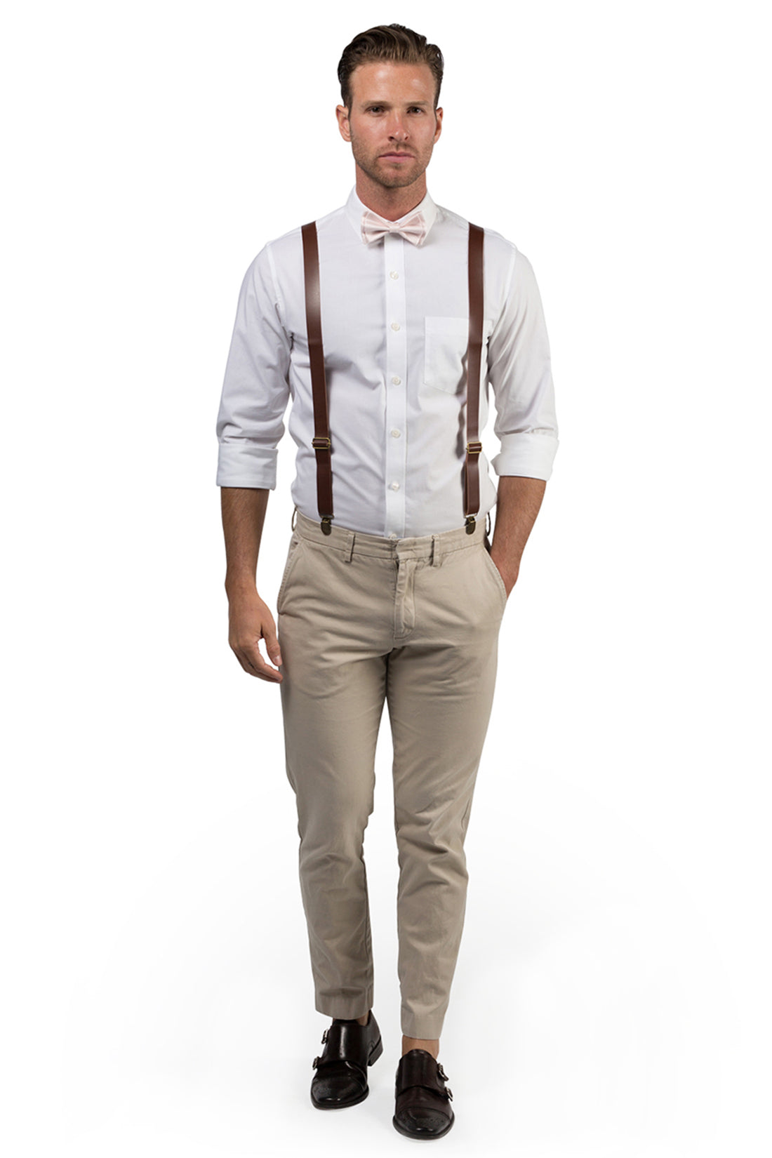 Brown Leather Suspenders &amp; Petal Bow Tie