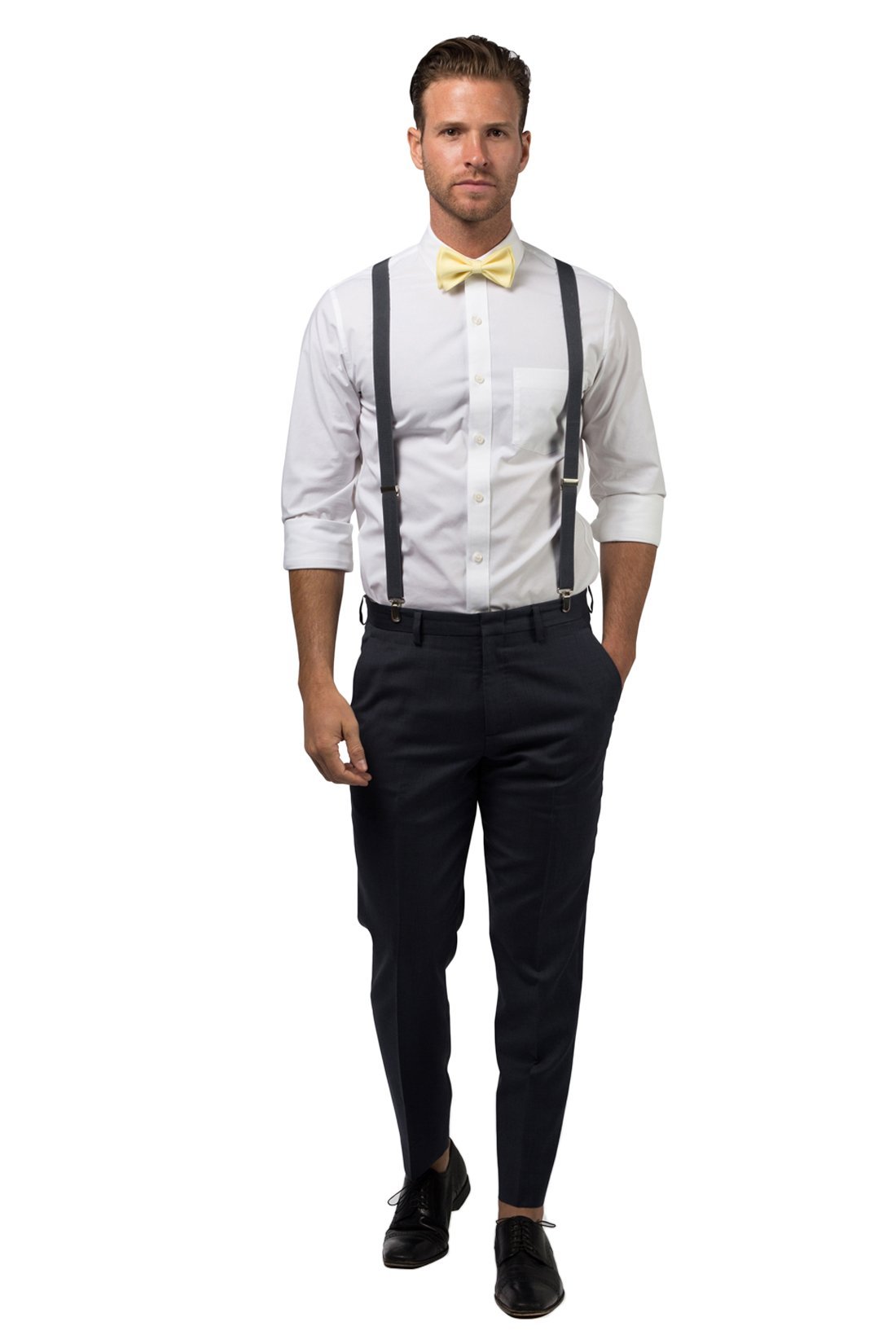 Charcoal Suspenders & Yellow Bow Tie