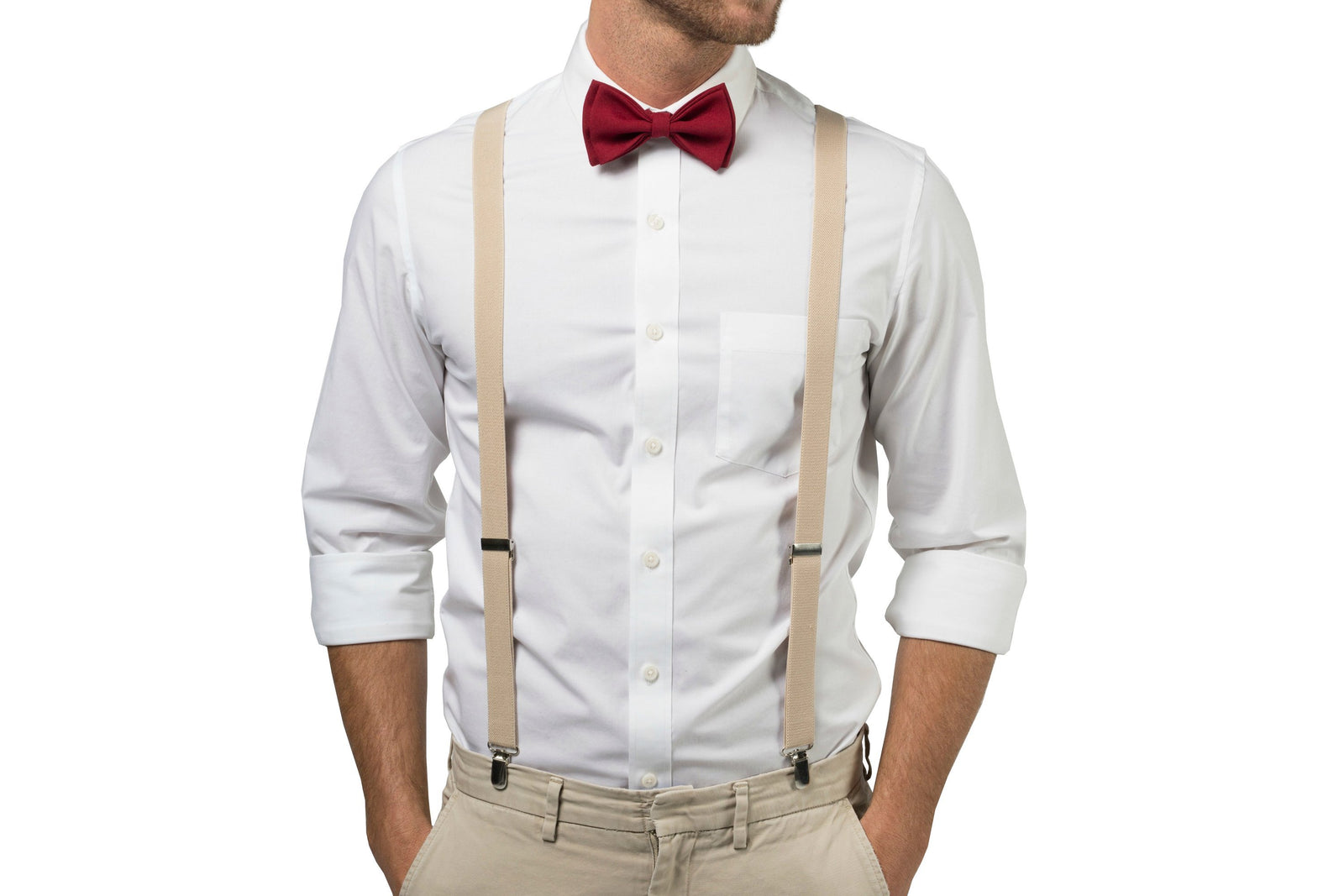Beige Suspenders & Burgundy Bow Tie
