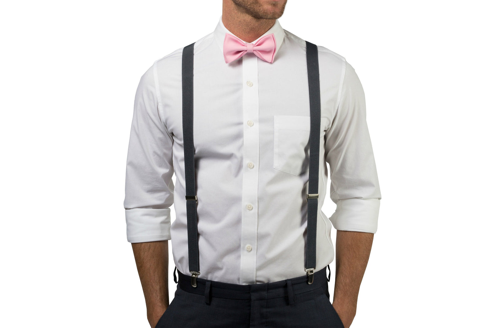 Charcoal Suspenders & Candy Pink Bow Tie