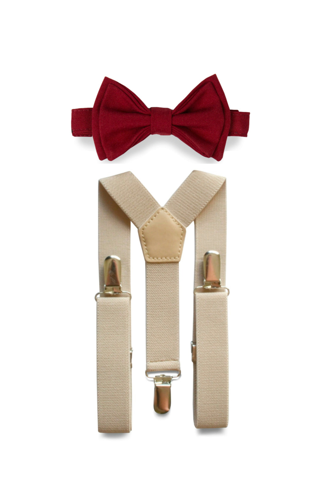 Beige Suspenders &amp; Burgundy Bow Tie for Kids