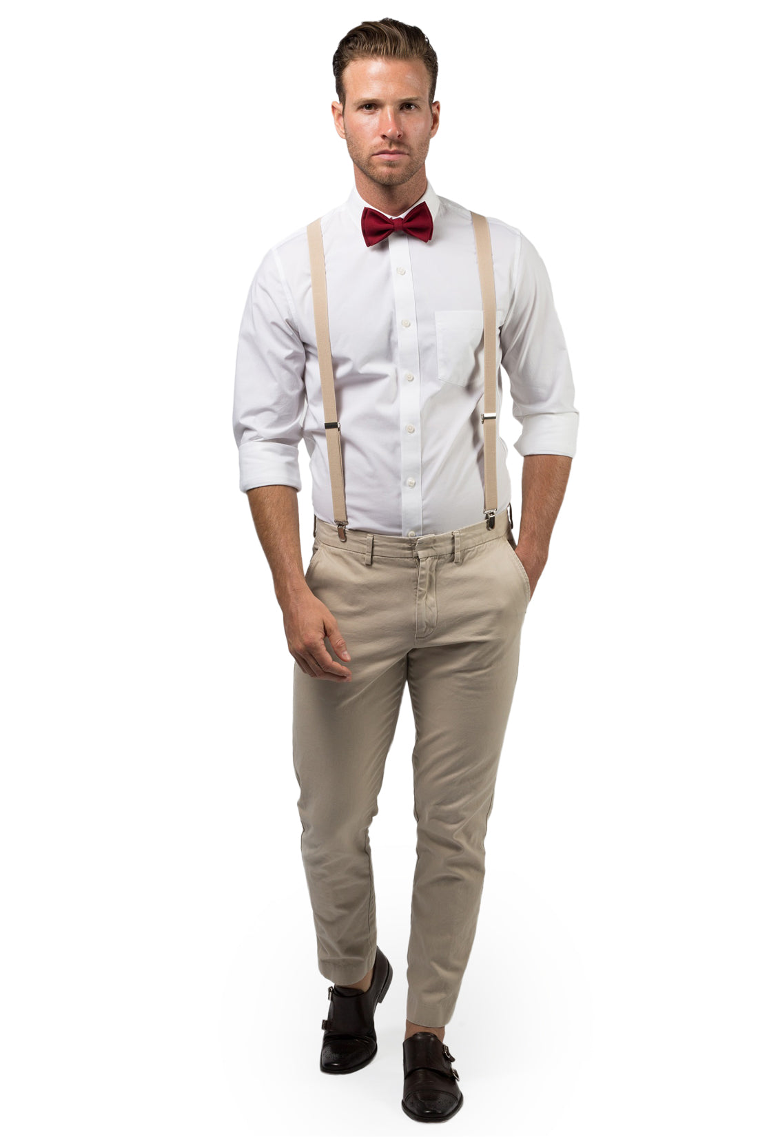 Beige Suspenders & Burgundy Bow Tie