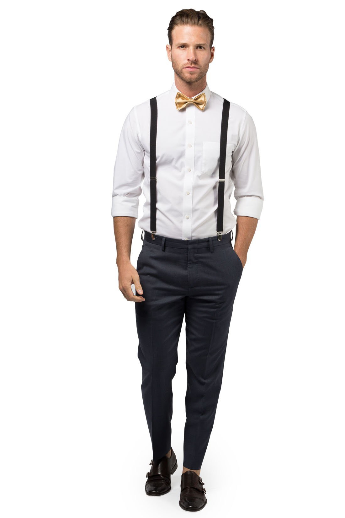 Black Suspenders &amp; Gold Bow Tie