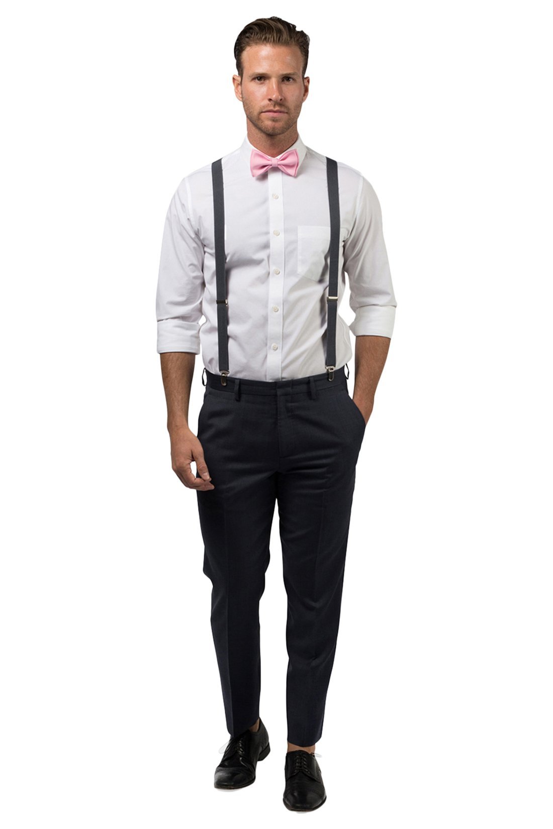 Charcoal Suspenders &amp; Candy Pink Bow Tie