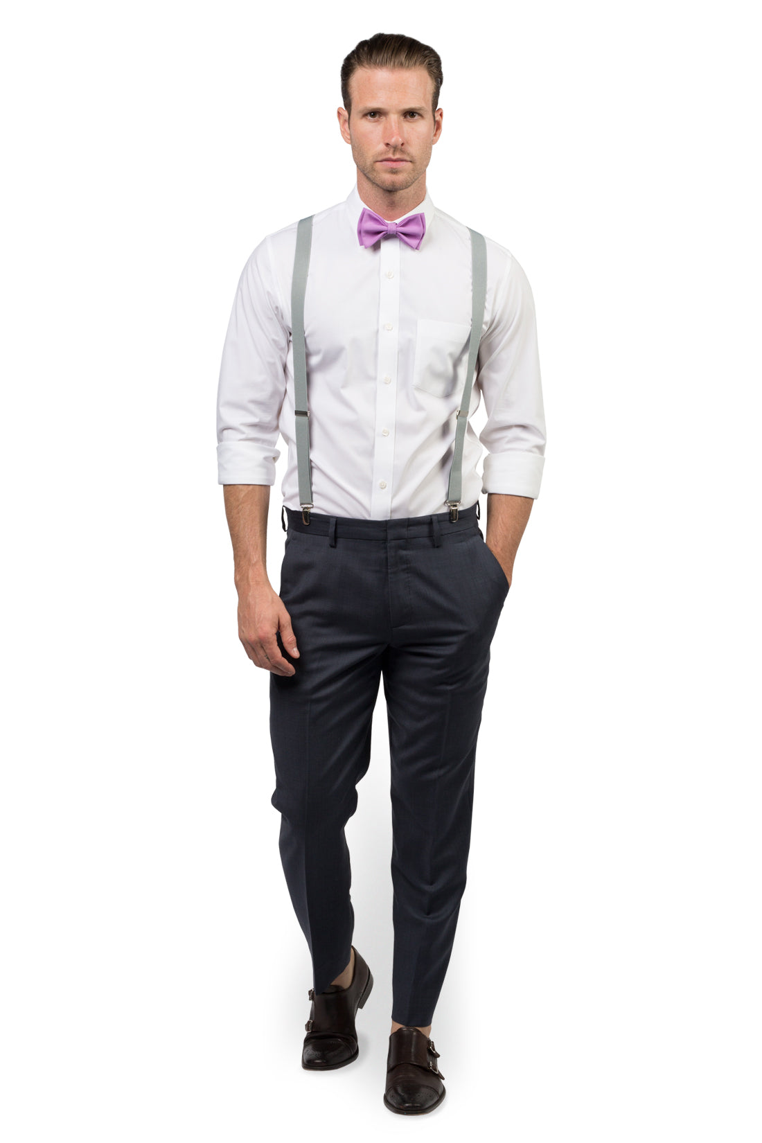 Light Gray Suspenders &amp; Lilac Bow Tie