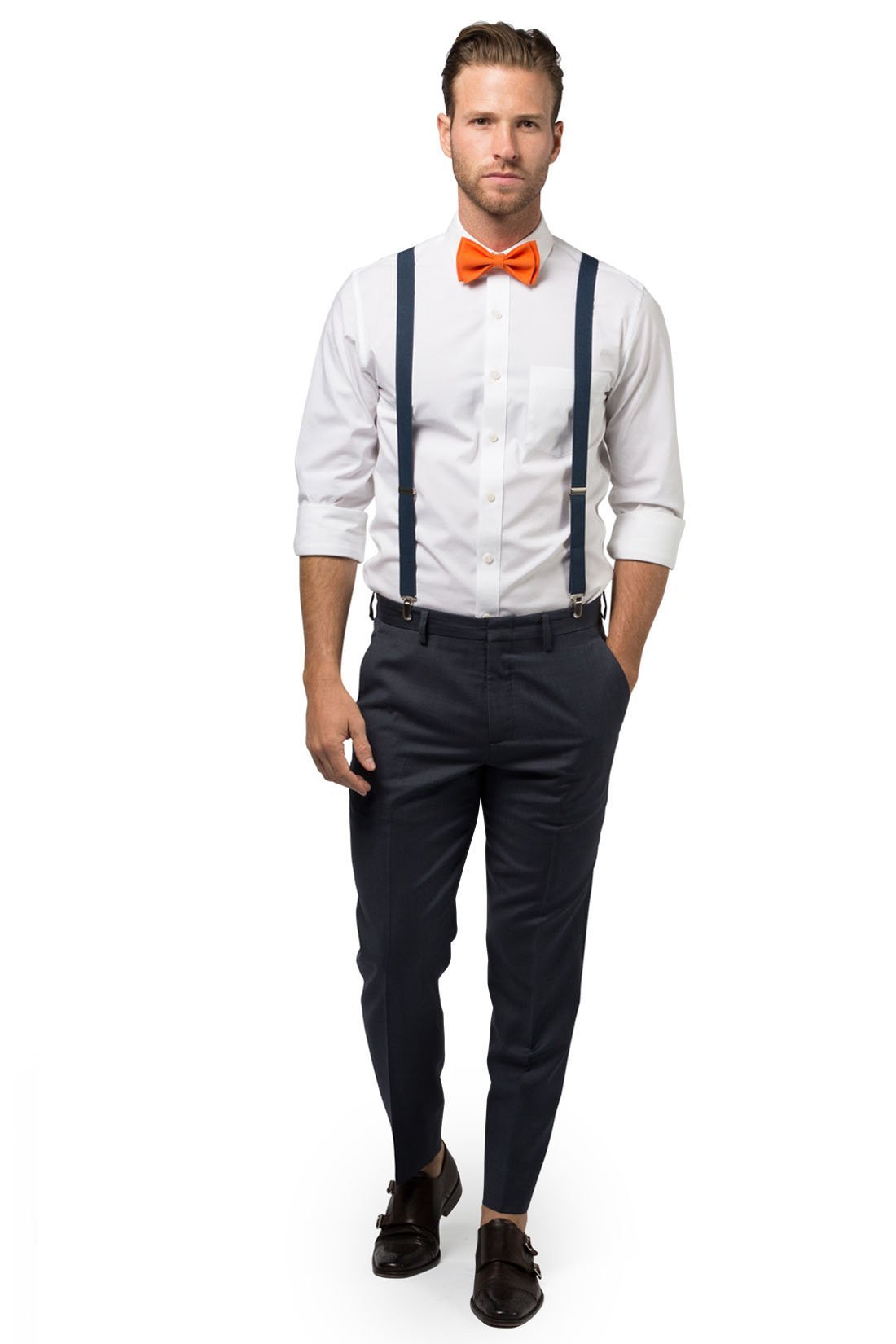 Navy Suspenders &amp; Orange Bow Tie