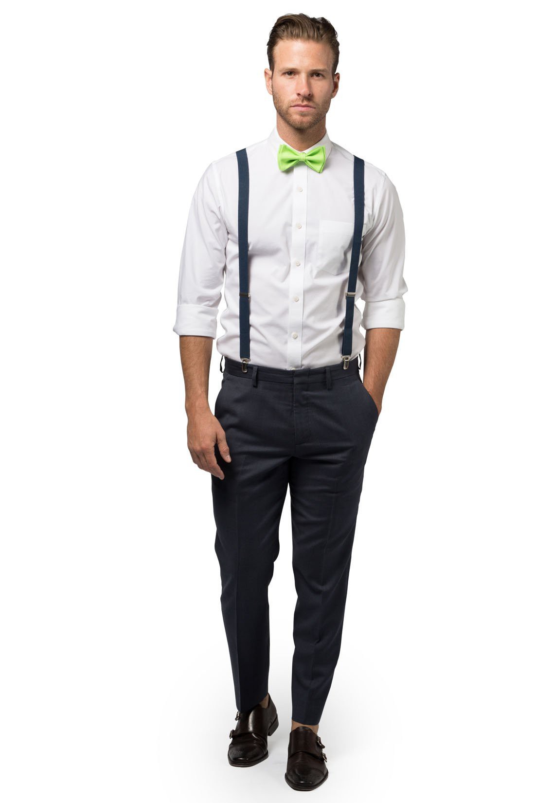 Navy Suspenders & Lime Bow Tie