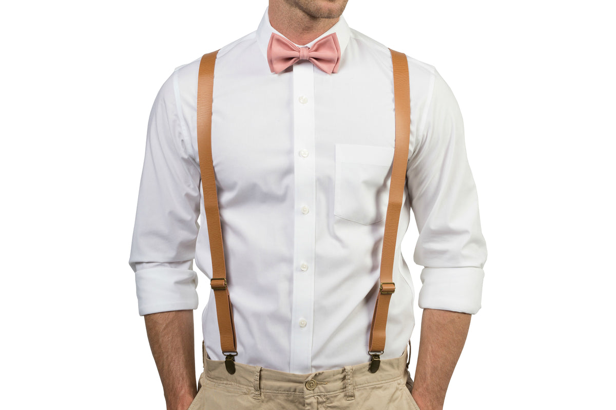 Tan Leather Suspenders &amp; Dusty Rose Bow Tie