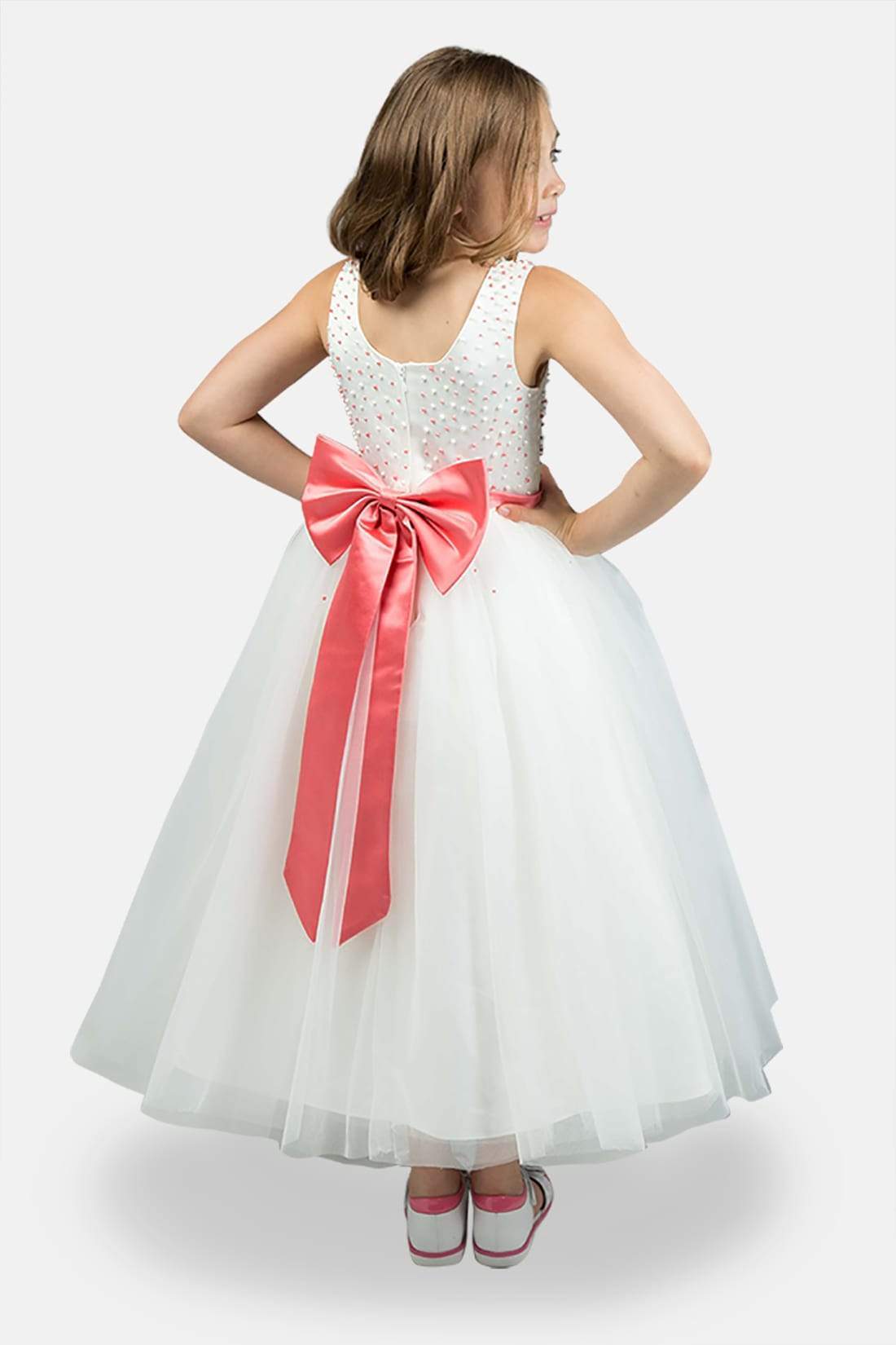 White & Coral Flower Girl Dress
