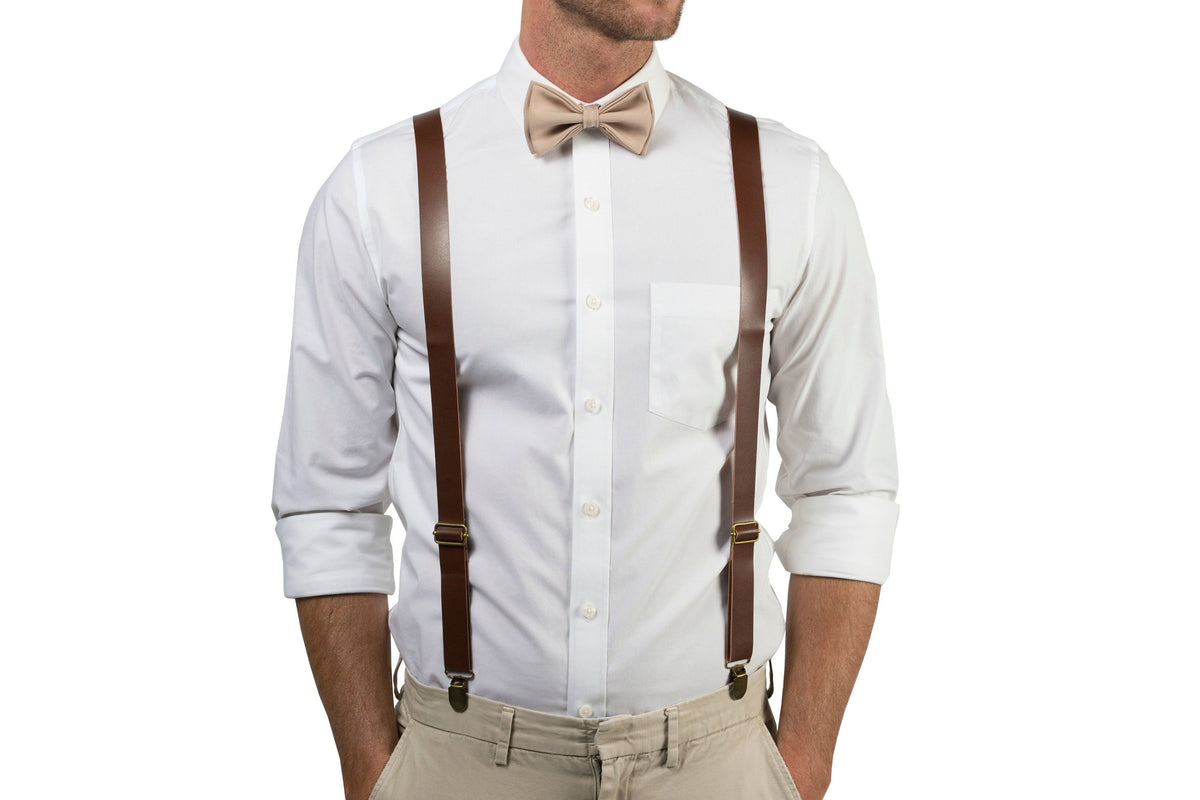 Brown Leather Suspenders &amp; Beige Bow Tie