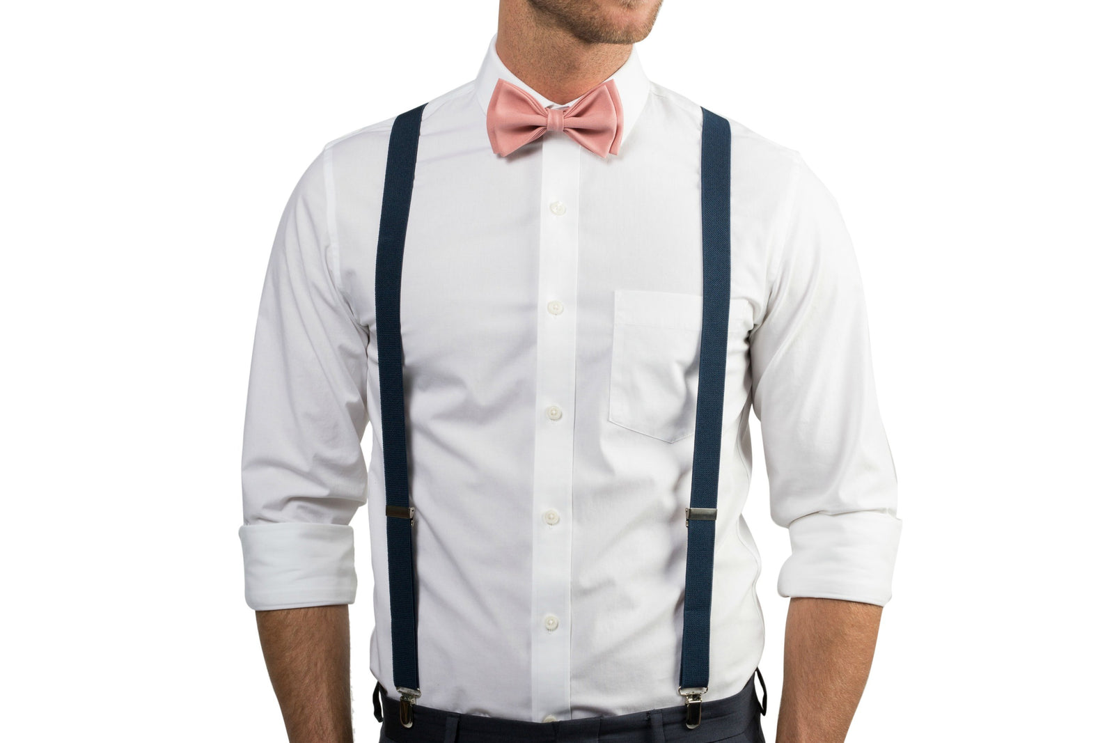 Navy Suspenders & Dusty Rose Bow Tie