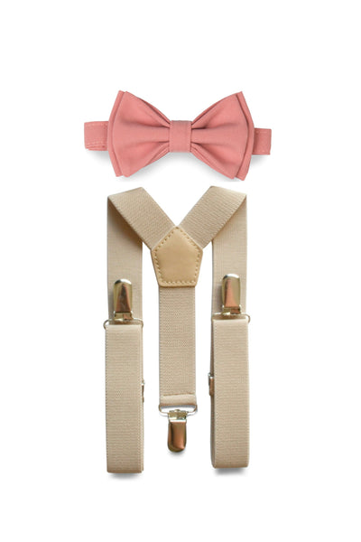Beige Suspenders & Dusty Rose Bow Tie for Kids