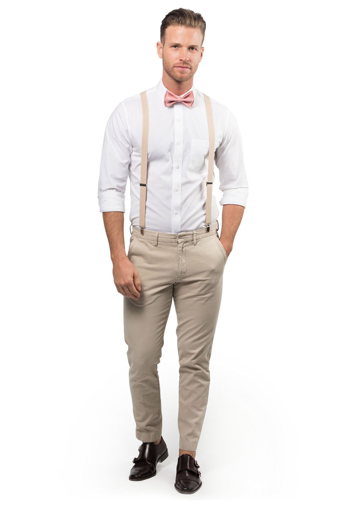 Beige Suspenders & Dusty Rose Bow Tie
