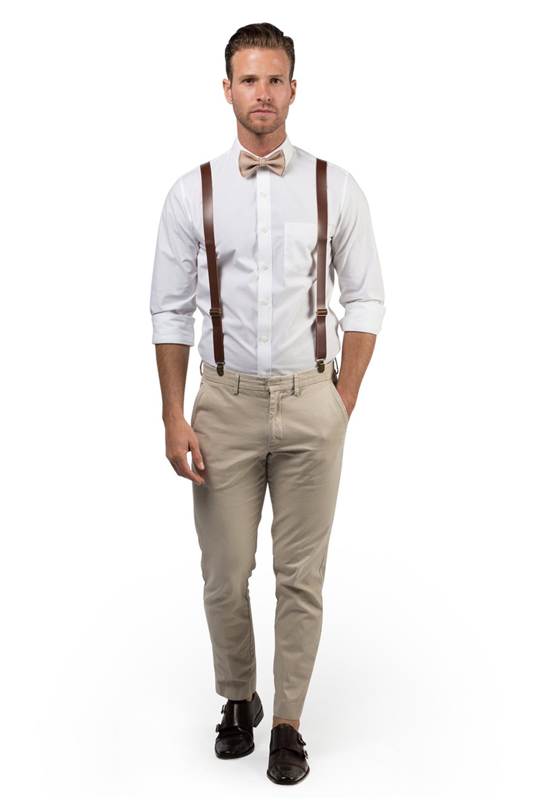 Brown Leather Suspenders & Beige Bow Tie 