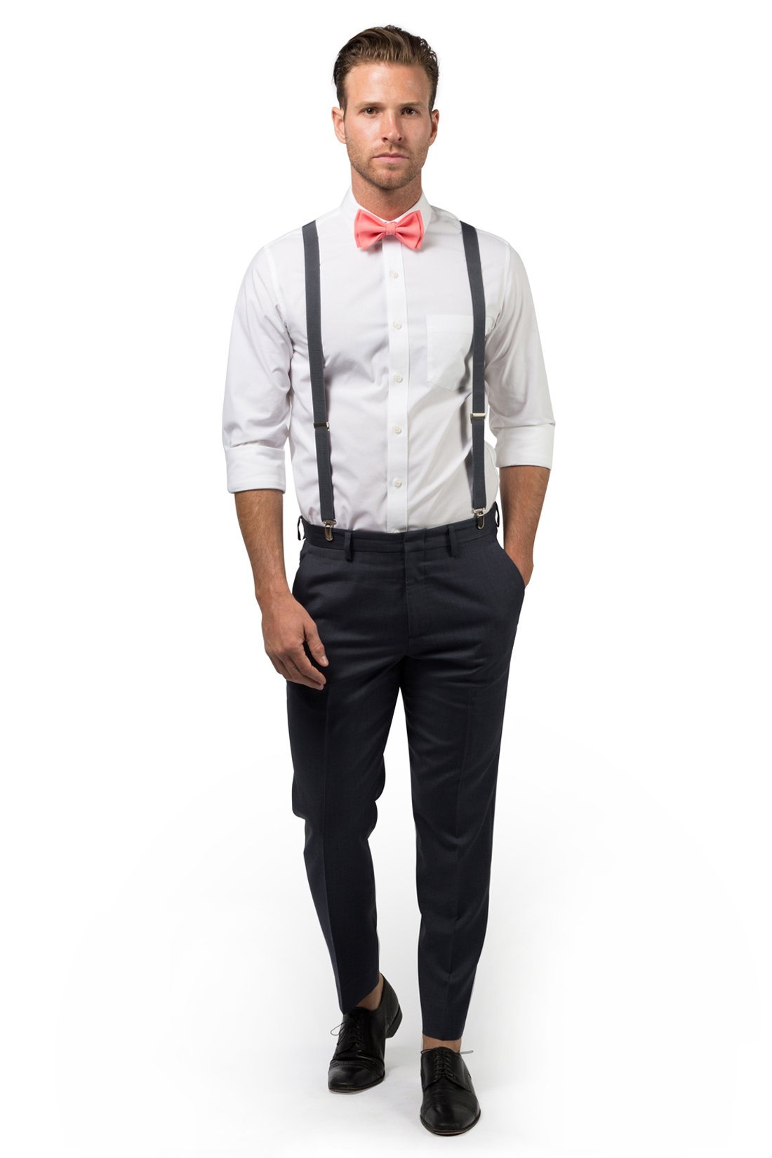Charcoal Suspenders &amp; Coral Bow Tie