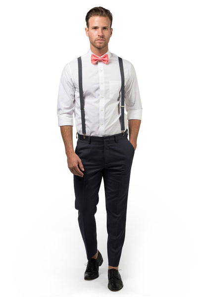 Charcoal Suspenders & Coral Bow Tie