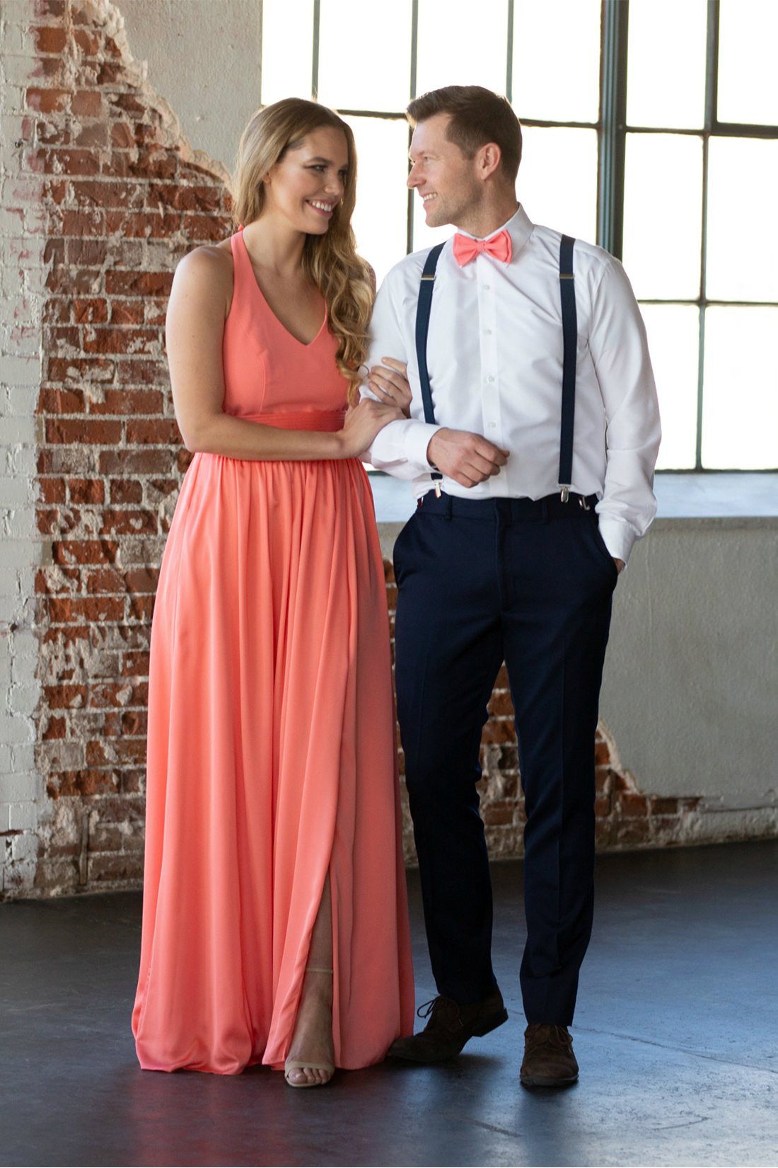 Coral Bow Tie &amp; Coral Bridesmaid&#39;s Dress