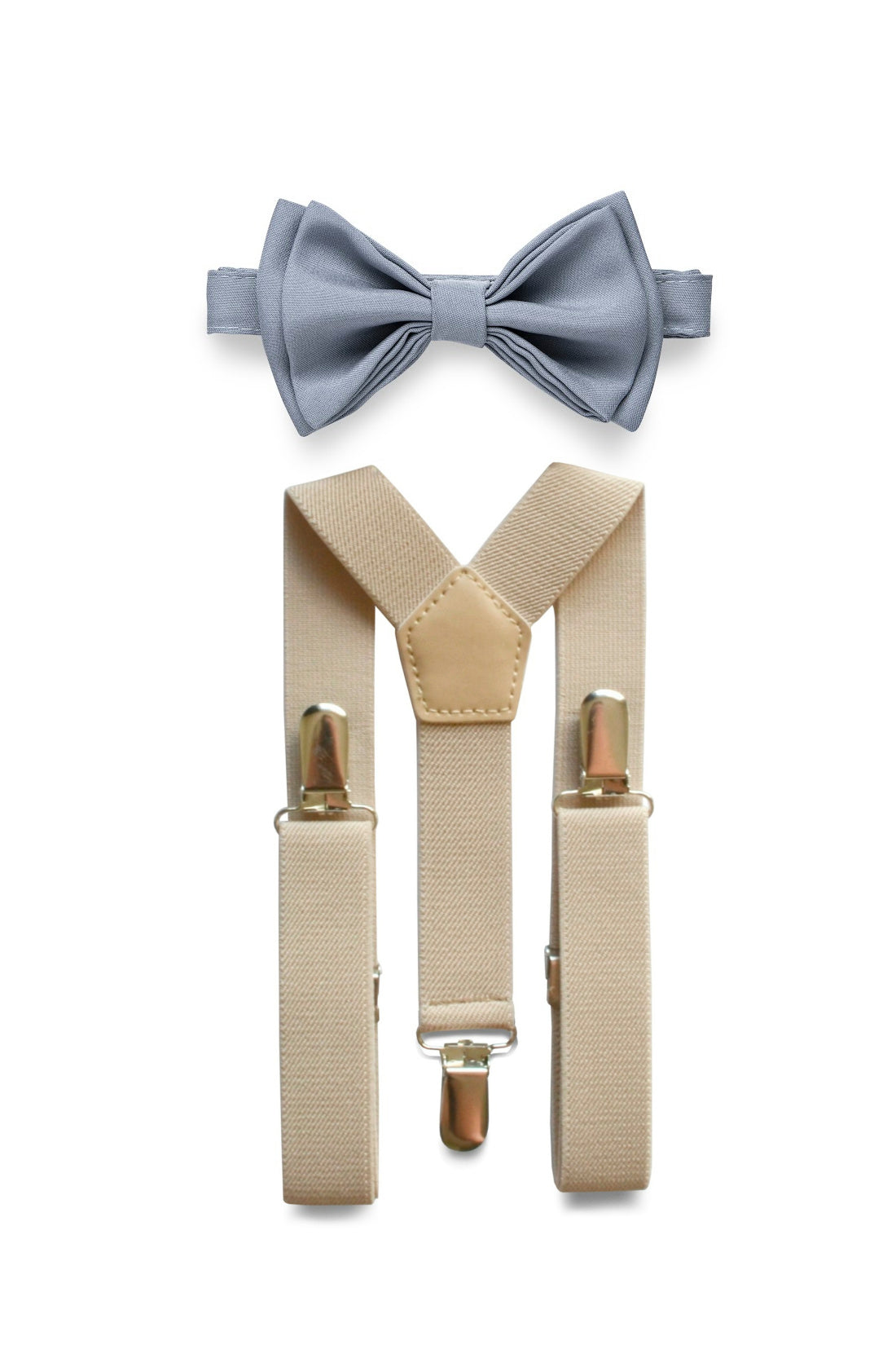 Beige Suspenders &amp; Dusty Blue Bow Tie