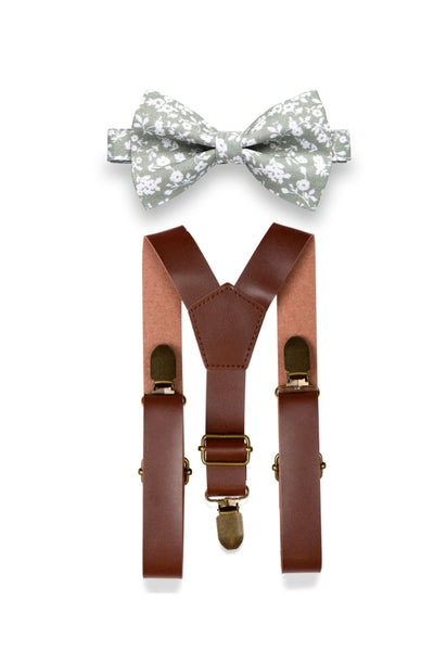 Brown Leather Suspenders & Dusty Sage Floral Bow Tie