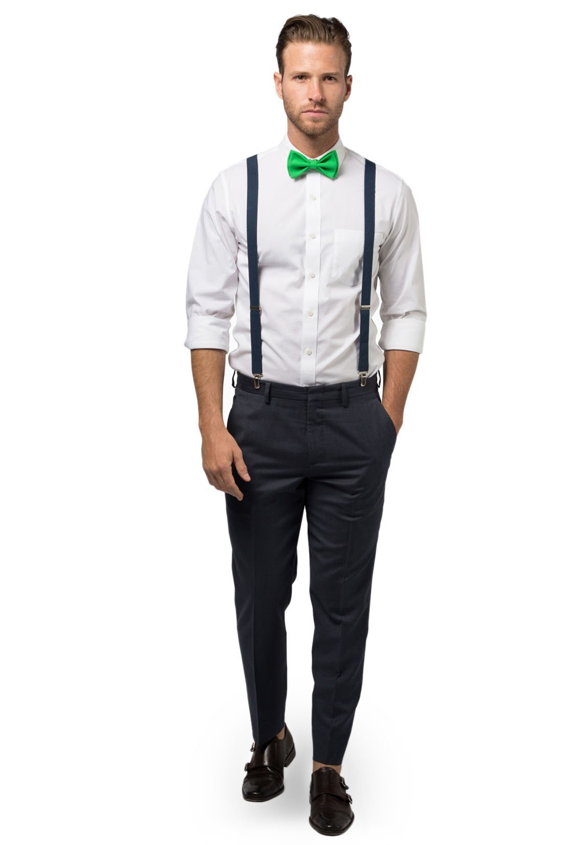 Navy Suspenders & Green Bow Tie