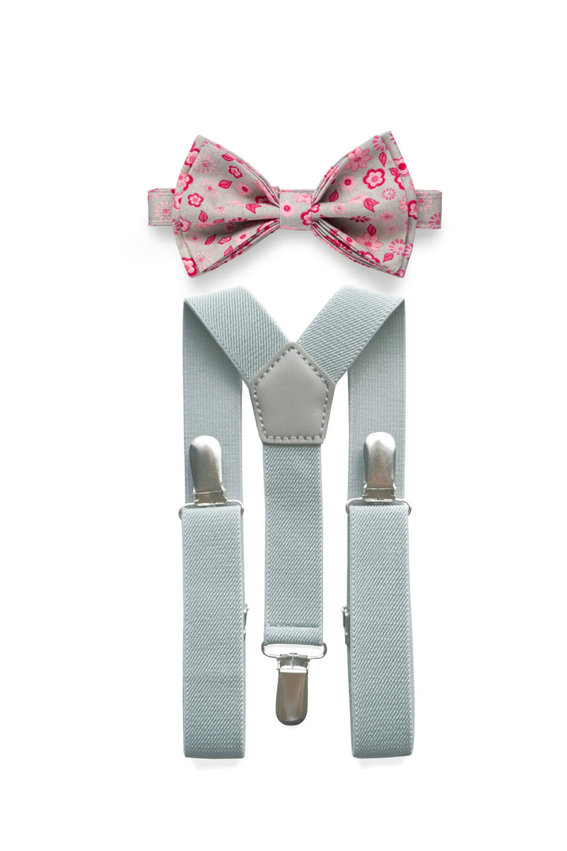 Light Grey Suspenders & Grey Pink Floral Bow Tie