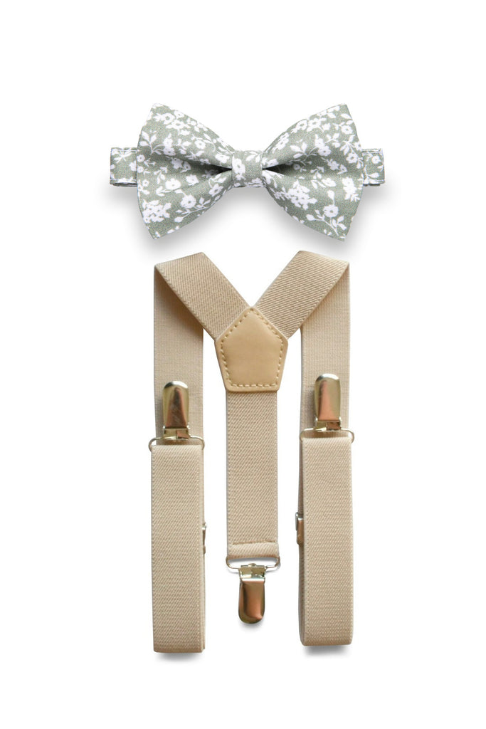 Beige Suspenders & Dusty Sage Floral Bow Tie