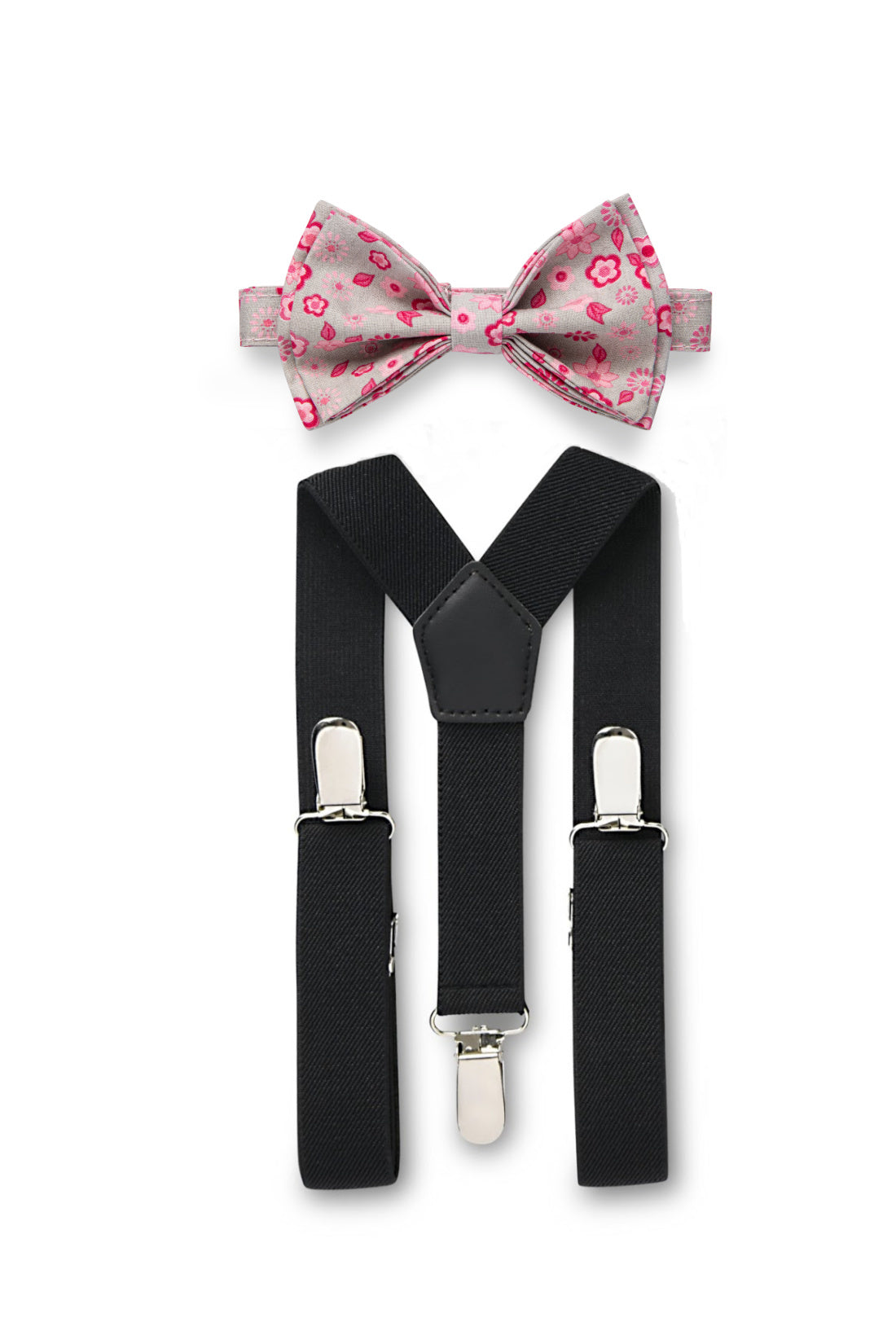 Black Suspenders &amp; Grey Pink Floral Bow Tie