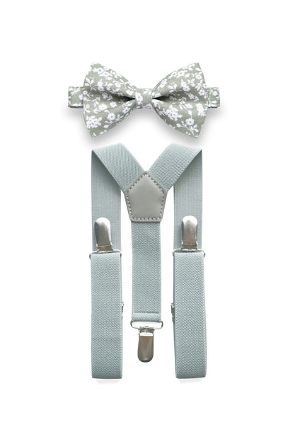 Light Grey Suspenders & Dusty Sage Floral Bow Tie