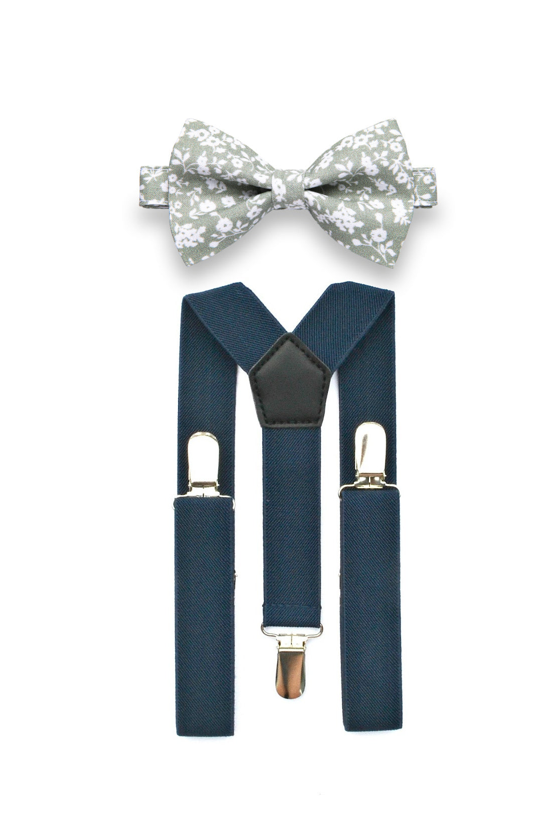 Navy Suspenders &amp; Dusty Sage Floral Bow Tie