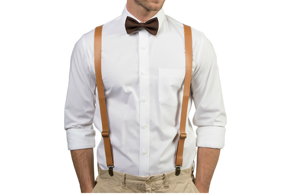 Tan Leather Suspenders &amp; Brown Bow Tie