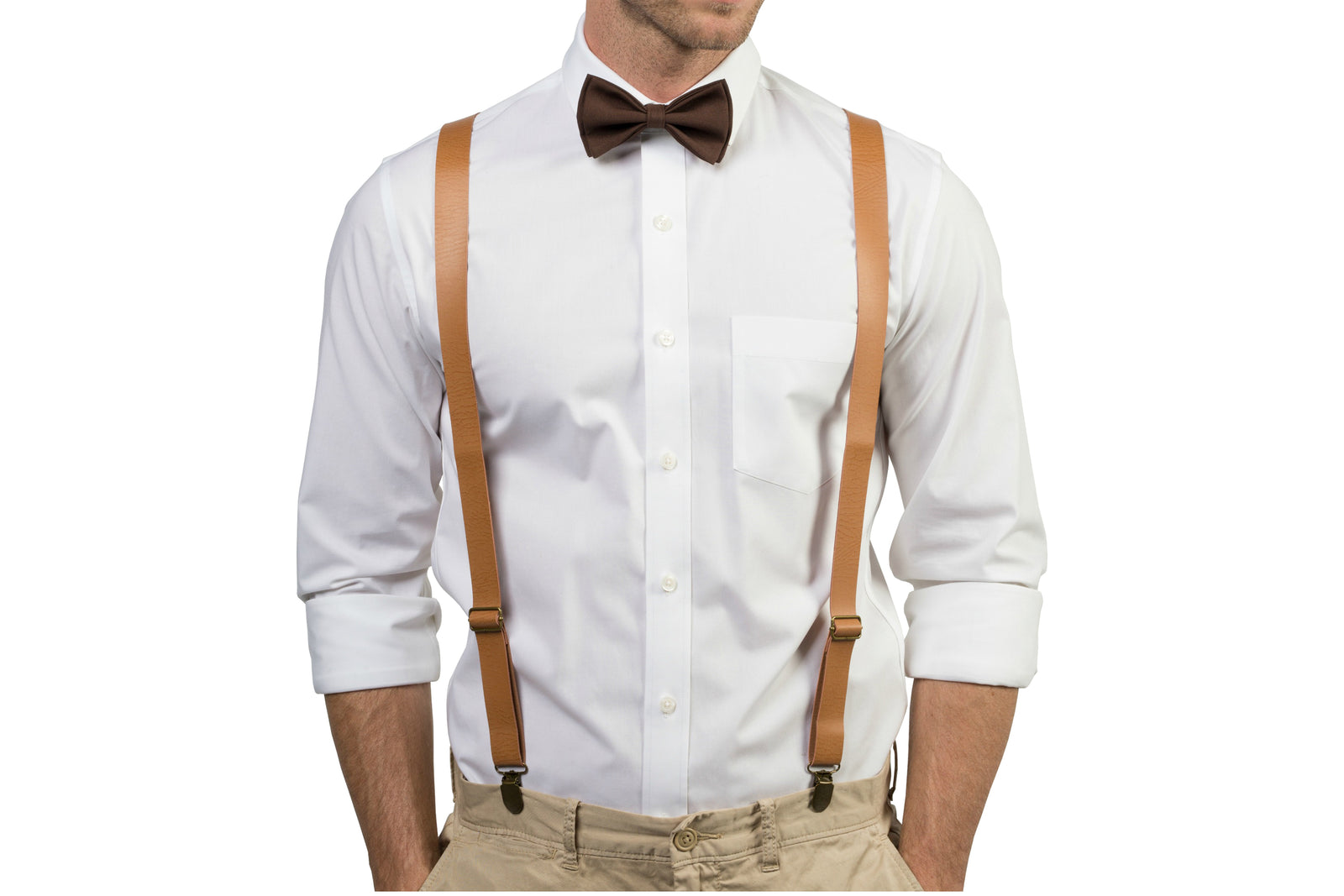 Tan Leather Suspenders & Brown Bow Tie