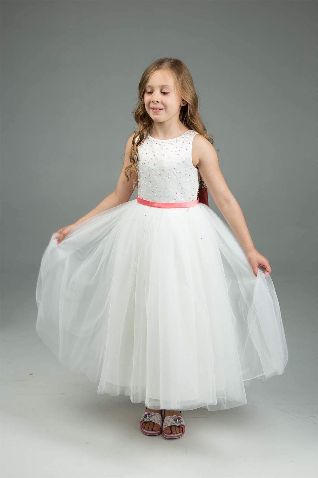 Coral &amp; White Flower Girl Dress