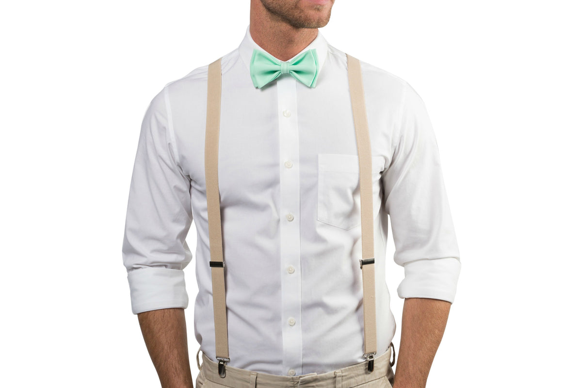 Beige Suspenders &amp; Mint Bow Tie