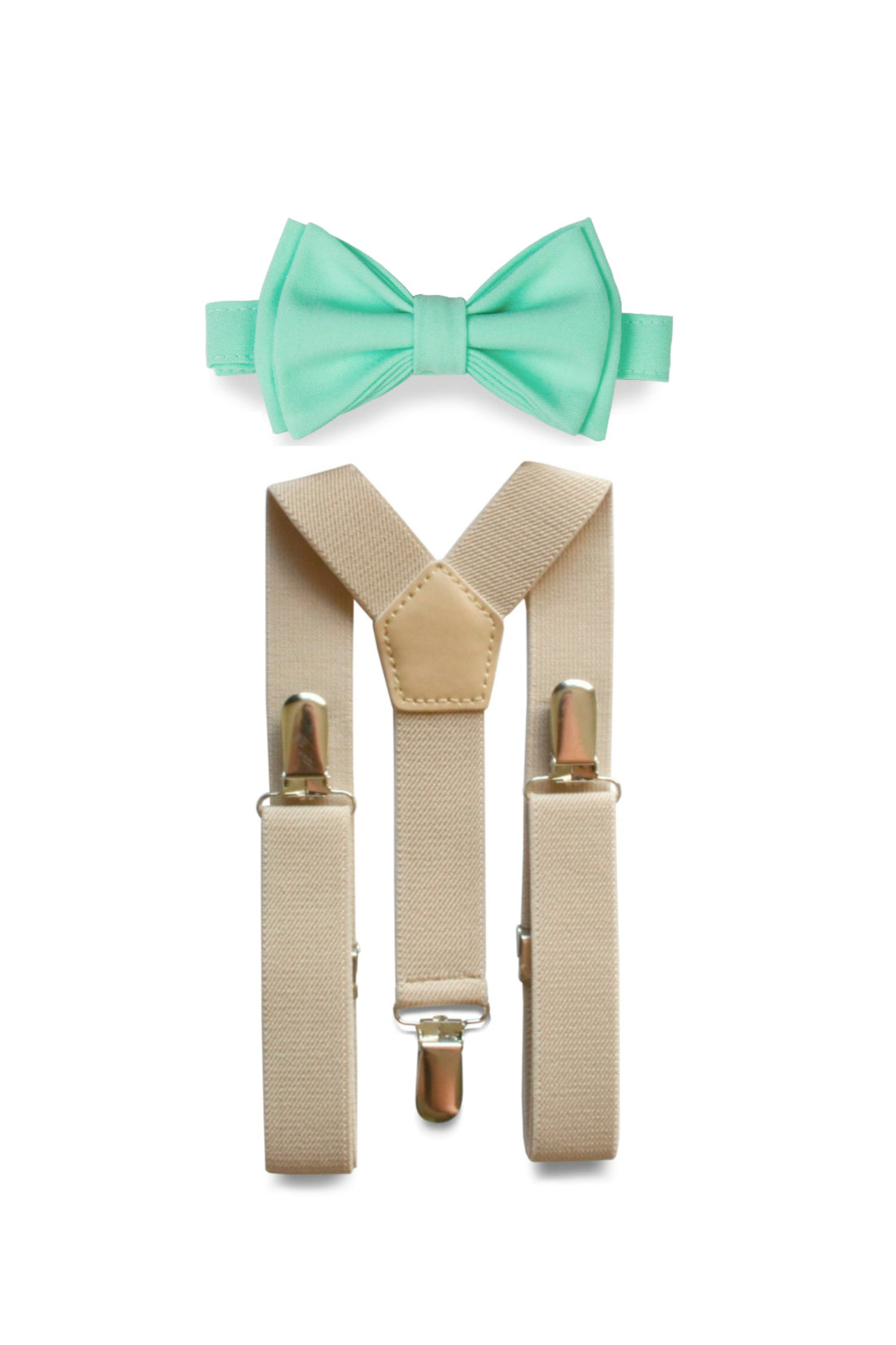 Beige Suspenders &amp; Mint Bow Tie for Kids