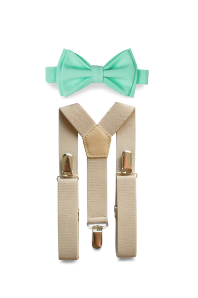 Beige Suspenders & Mint Bow Tie for Kids