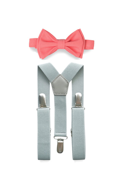 Light Grey Suspenders & Coral Bow Tie for Kids
