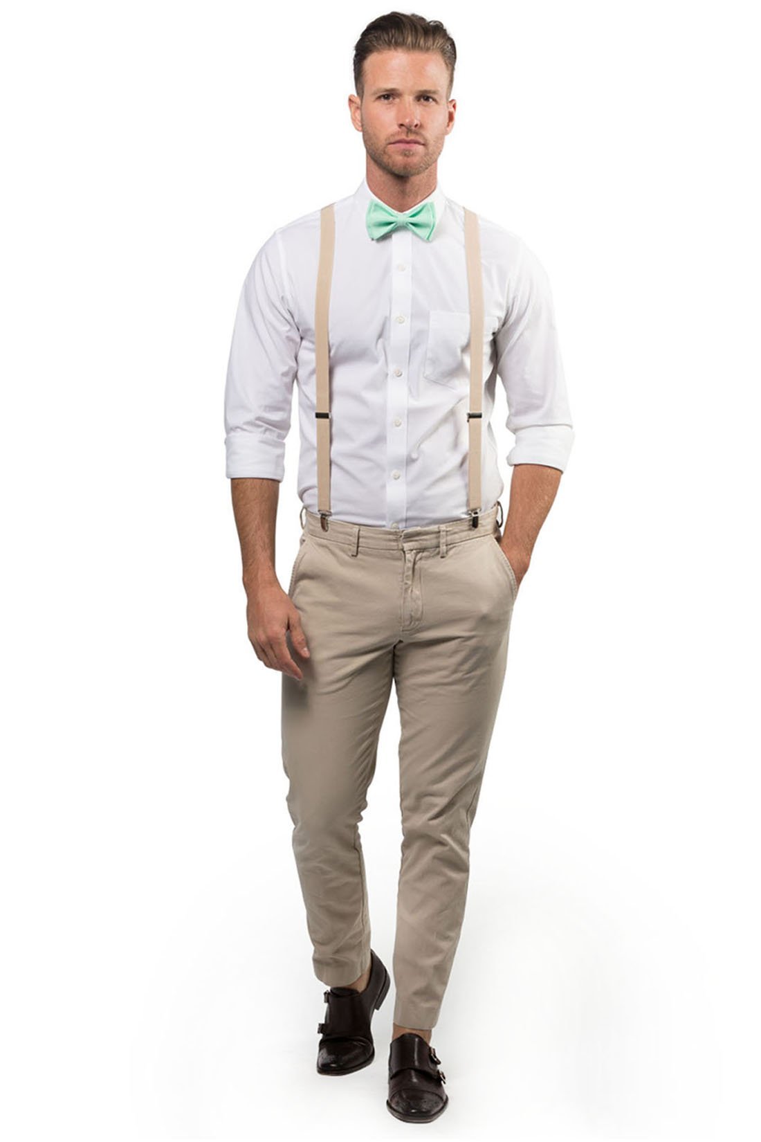 Beige Suspenders &amp; Mint Bow Tie