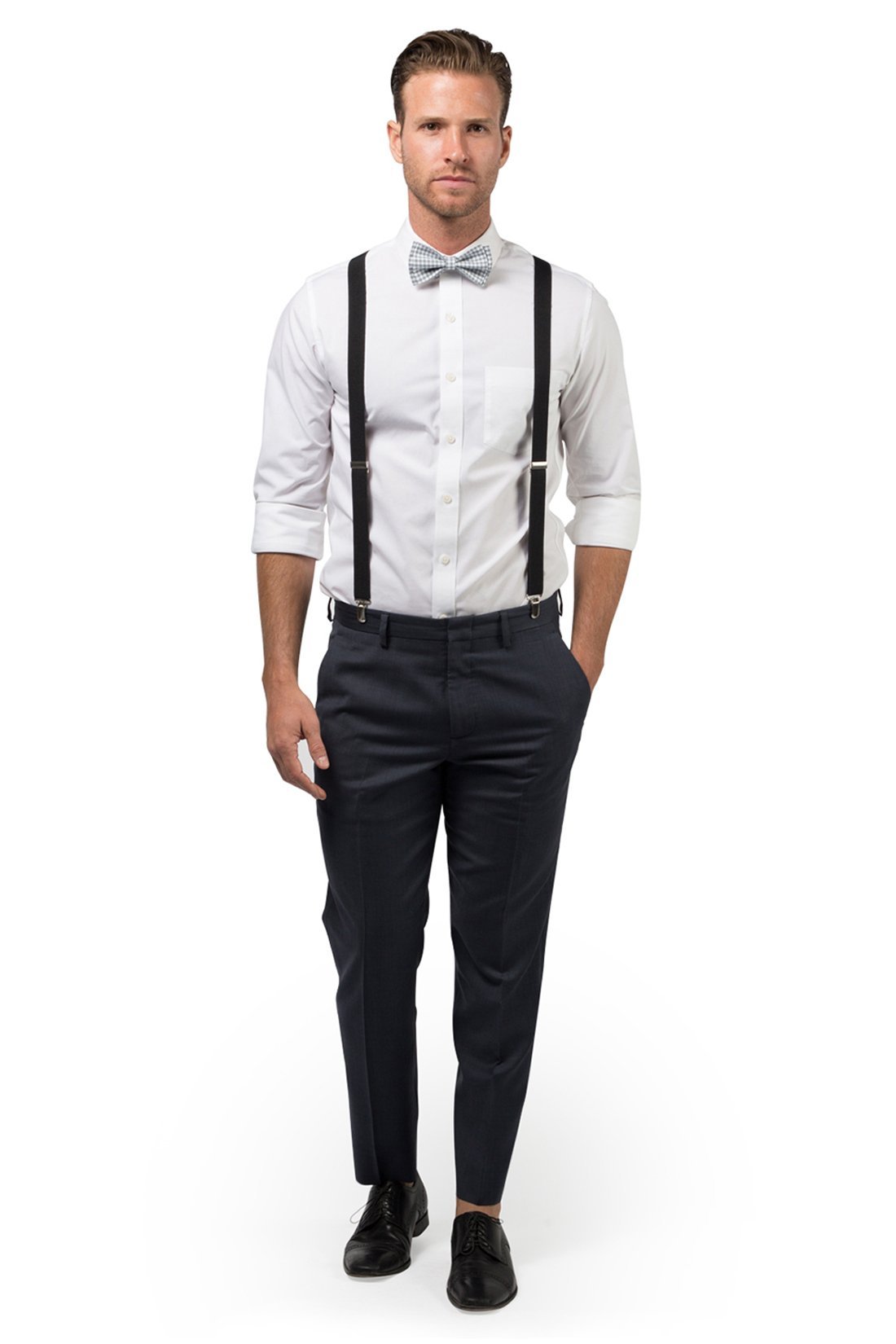 Black Suspenders &amp; Gingham Gray Bow Tie