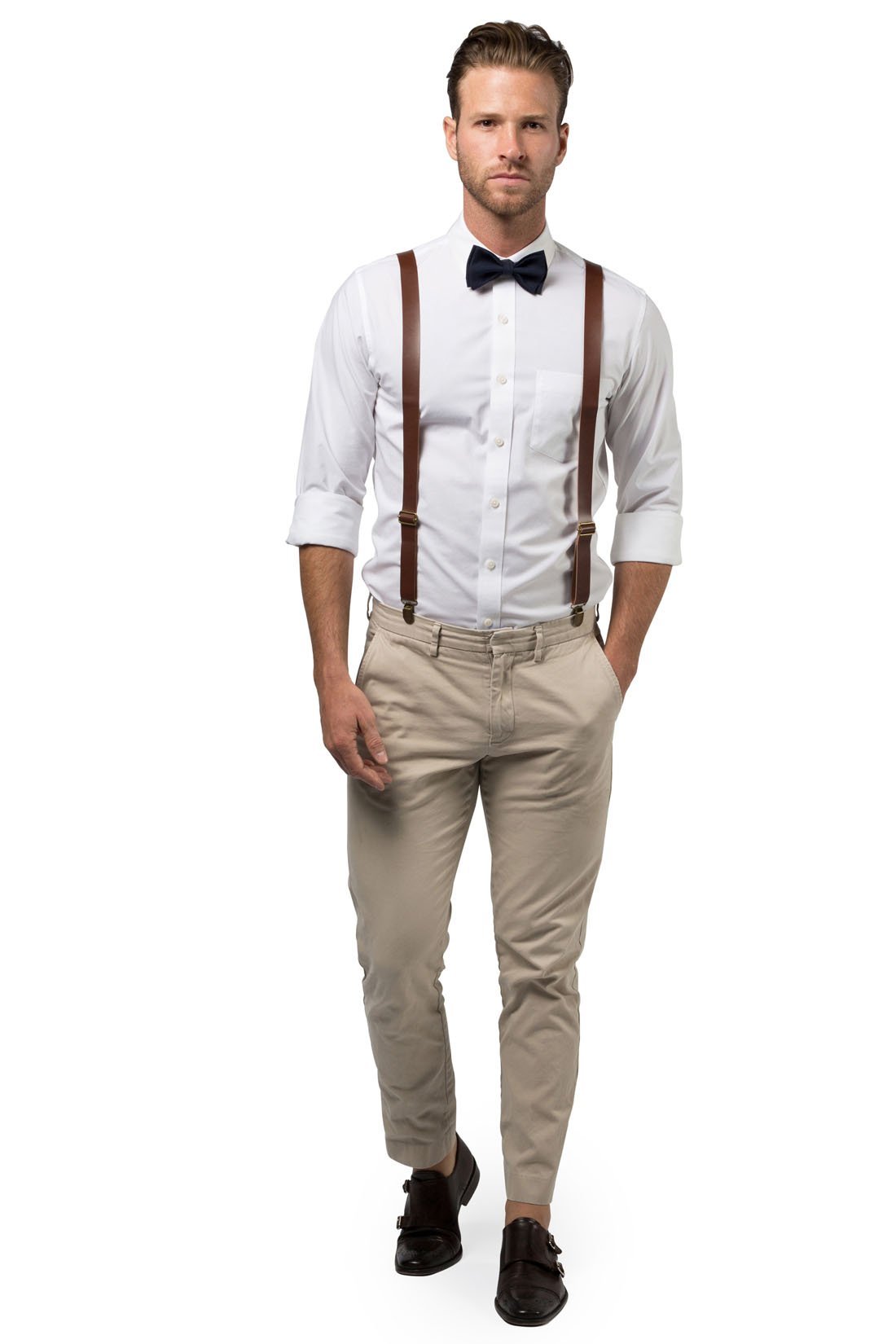 Brown Leather Suspenders &amp; Navy Bow Tie
