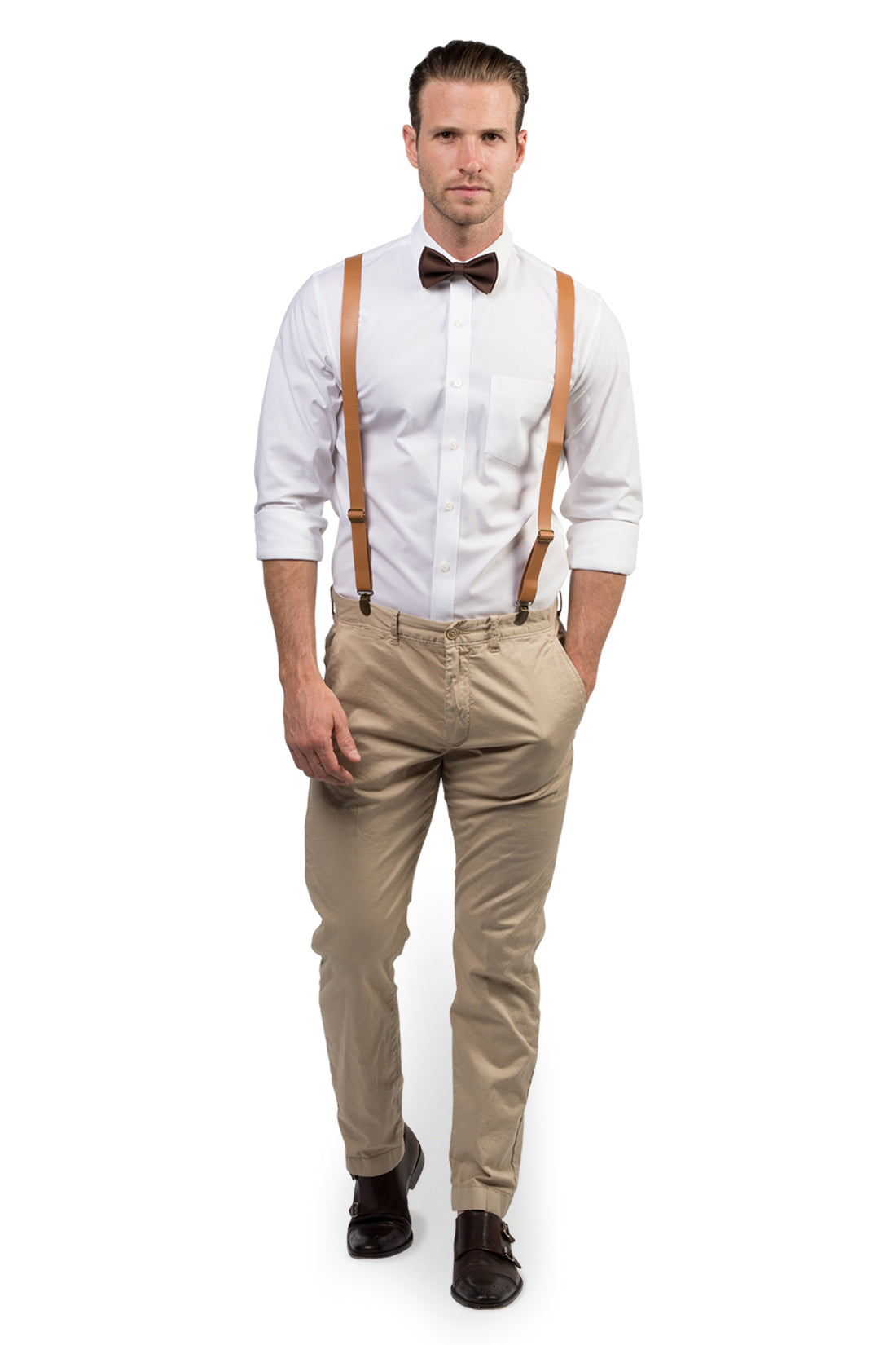 Tan Leather Suspenders &amp; Brown Bow Tie