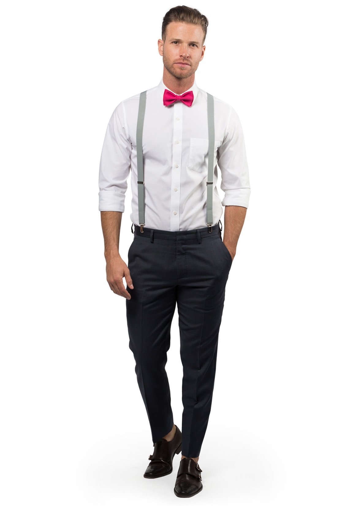 Light Gray Suspenders &amp; Hot Pink Bow Tie