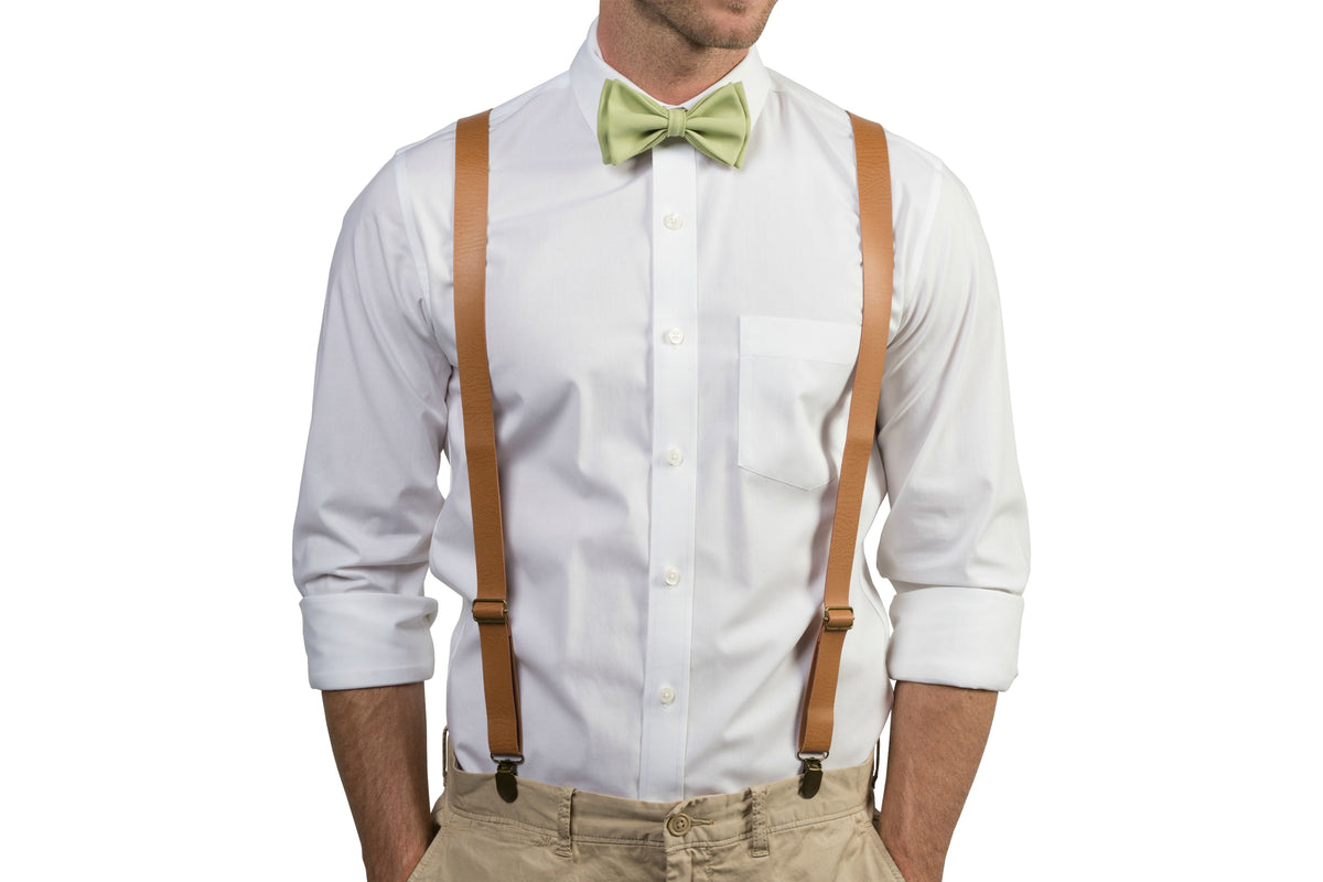 Tan Leather Suspenders &amp; Sage Bow Tie