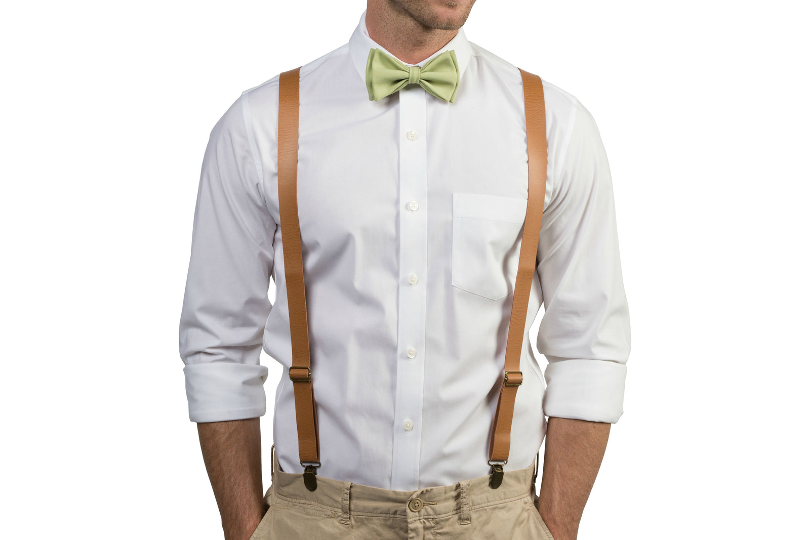 Tan Leather Suspenders & Sage Bow Tie