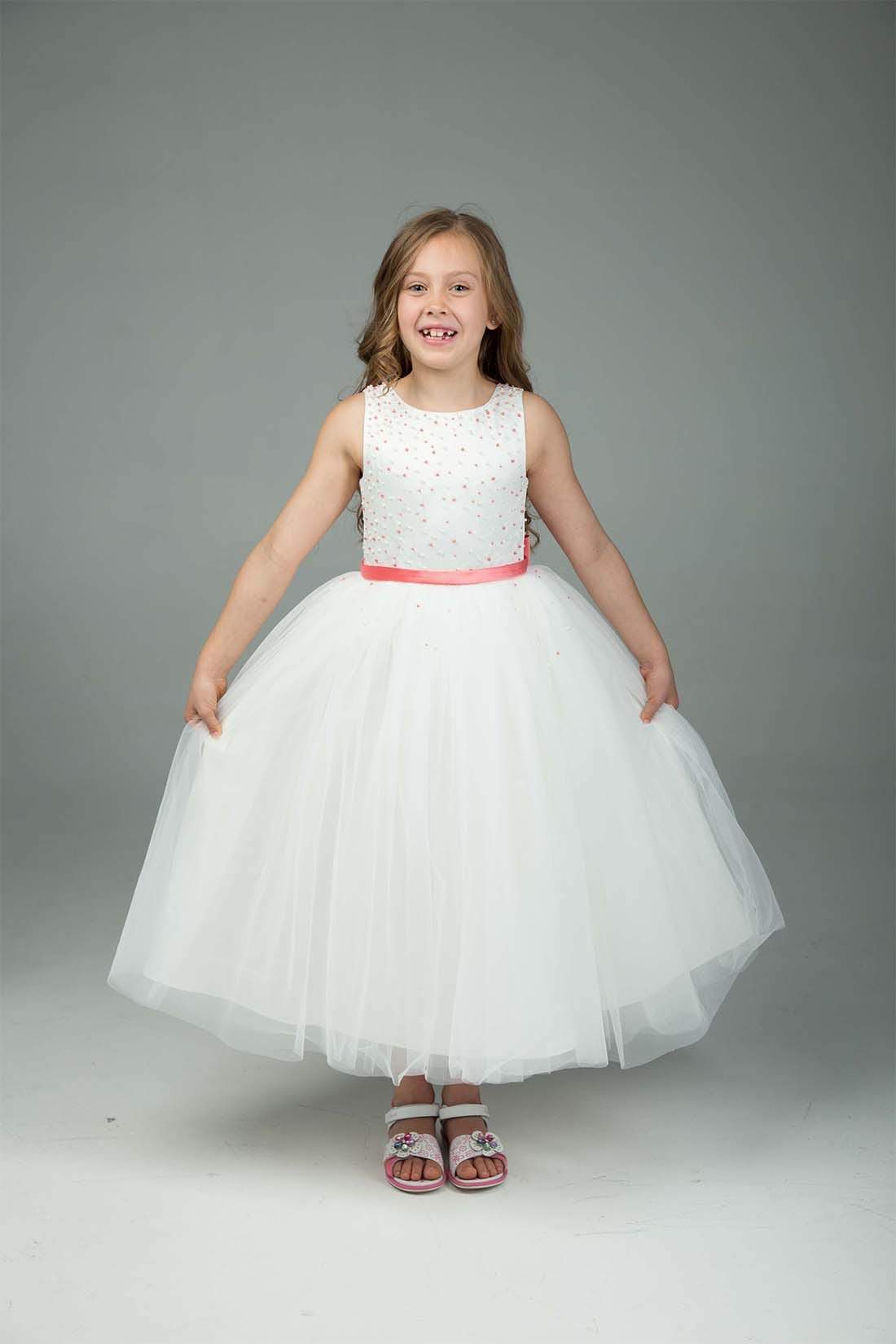 Coral &amp; White Flower Girl Dress